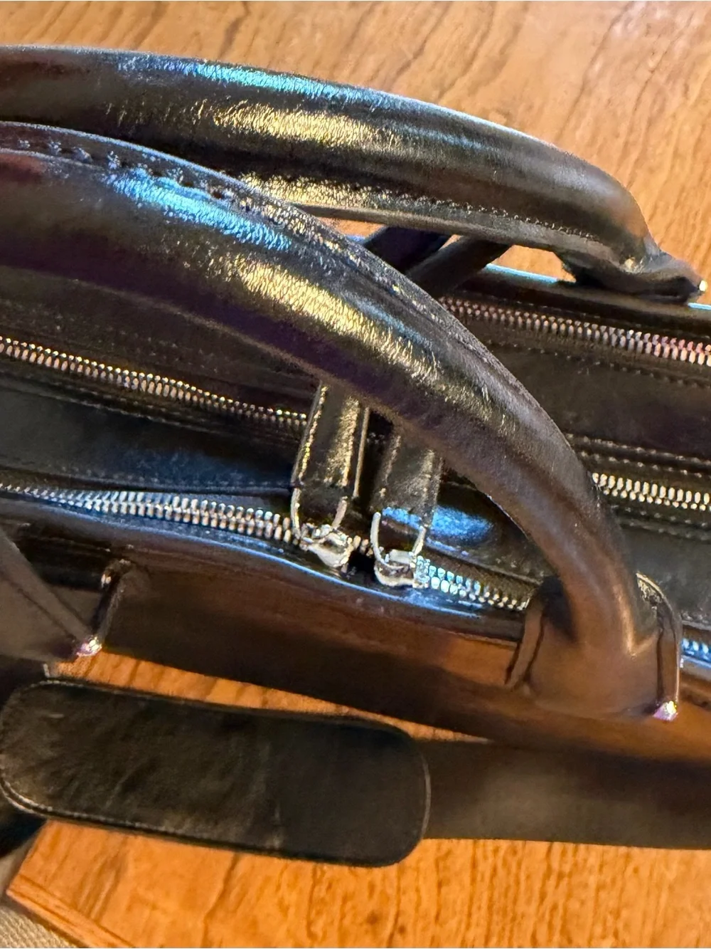 Bostonian Black Leather Laptop Briefcase with Adjustable Strap